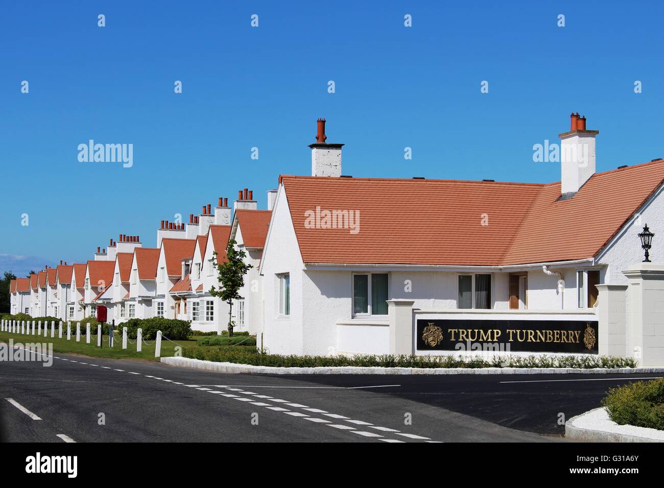 Eingang zum Trump Turnberry Golf und Spa Resort an der Küste von Ayrshire, Schottland im Besitz von Donald Trump Wiedereröffnung im Juni 2016 Stockfoto