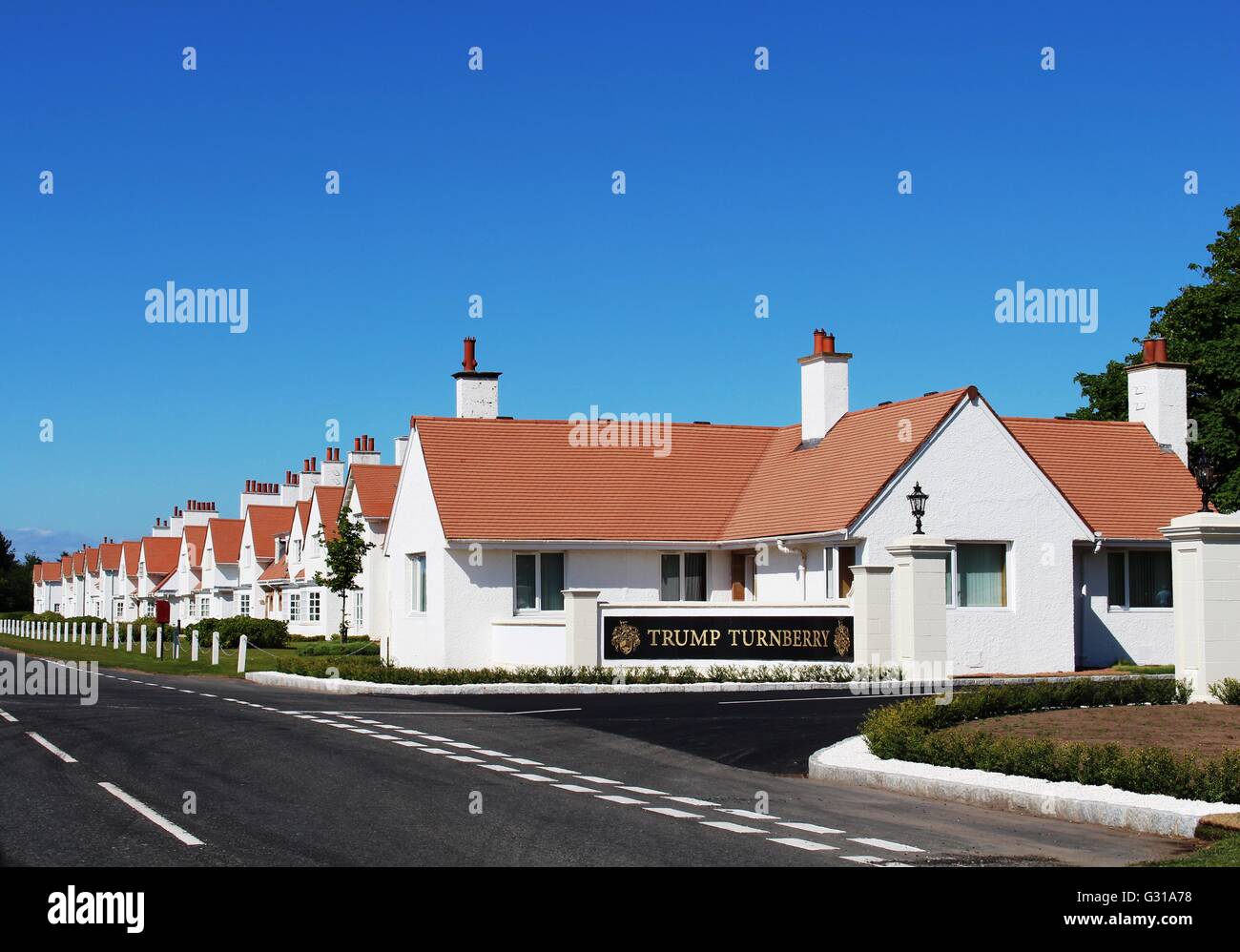 Eingang zum Trump Turnberry Golf und Spa Resort an der Küste von Ayrshire, Schottland im Besitz von Donald Trump Wiedereröffnung im Juni 2016 Stockfoto