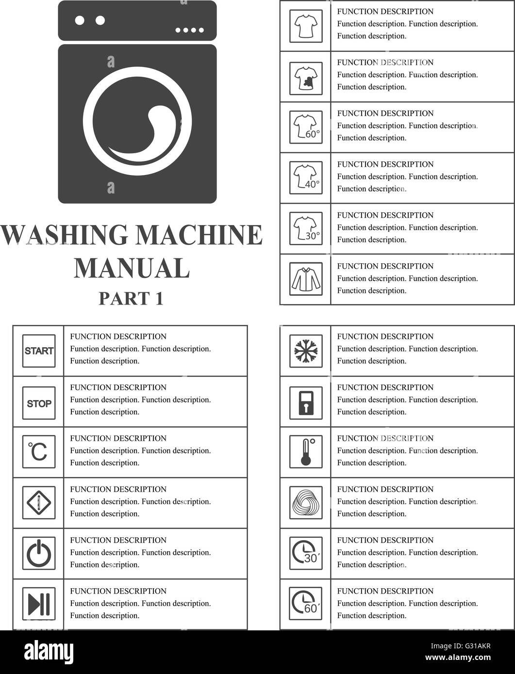 Ofen manuelle Symbole. Teil 1-Anweisungen. Zeichen und Symbole für  Waschmaschine Ausbeutung Handbuch. Anweisungen und Funktion d  Stock-Vektorgrafik - Alamy