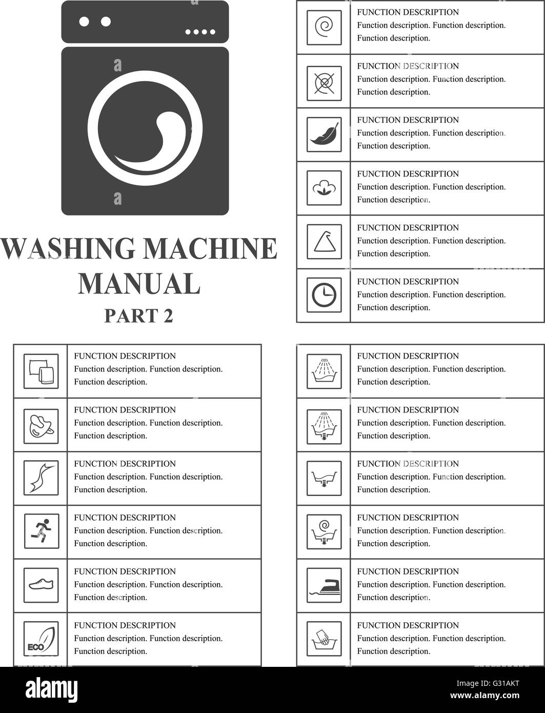 Ofen manuelle Symbole. Teil 2-Anweisungen. Zeichen und Symbole für Waschmaschine Ausbeutung Handbuch. Anweisungen und Funktion Stock Vektor