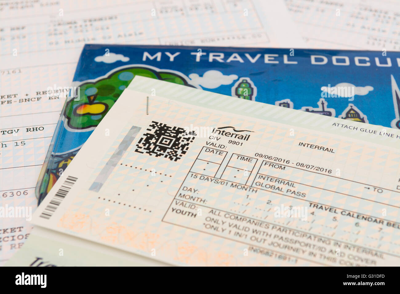 Interrailing - Interrail Ticket und Reisedokumente Stockfoto