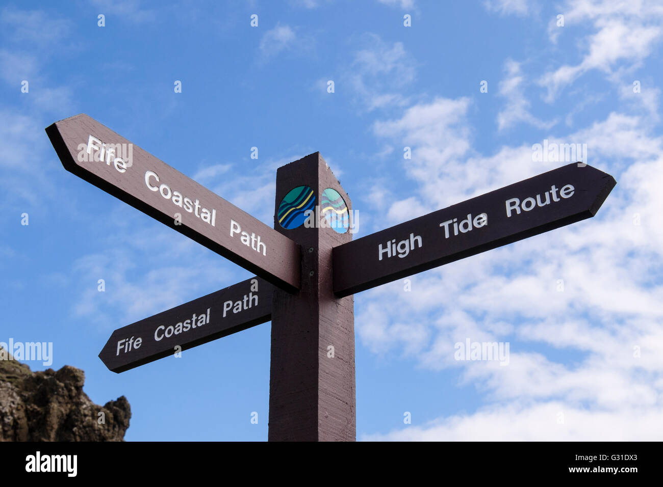 Fife Coastal Path 3-Wege Richtung Wegweiser in West Bay, Elie und Earlsferry, East Neuk, Fife, Schottland, UK, Großbritannien Stockfoto