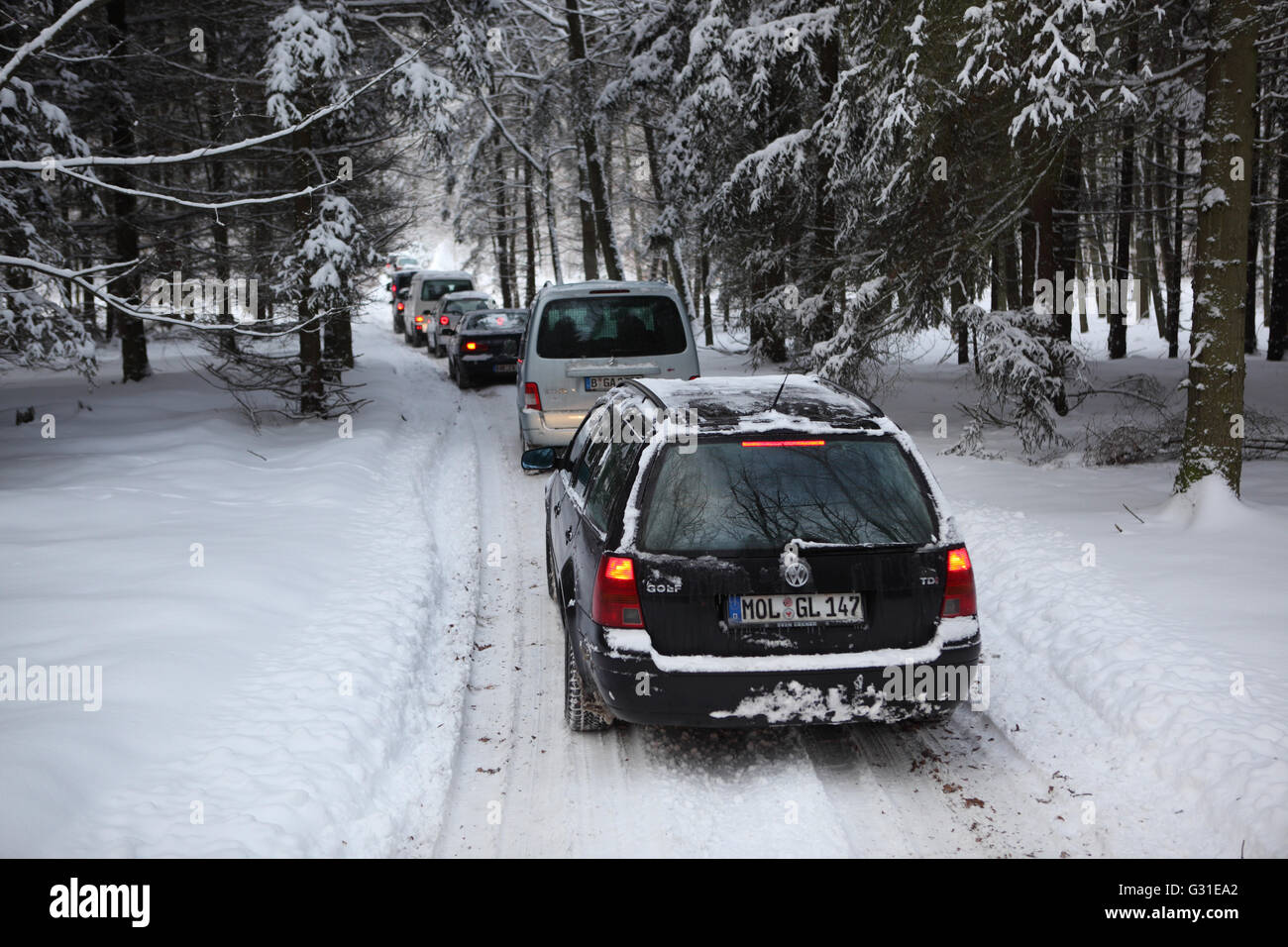 Neuenhagen, Deutschland, Autokolonne lässt jeden Winter durch einen Wald Stockfoto