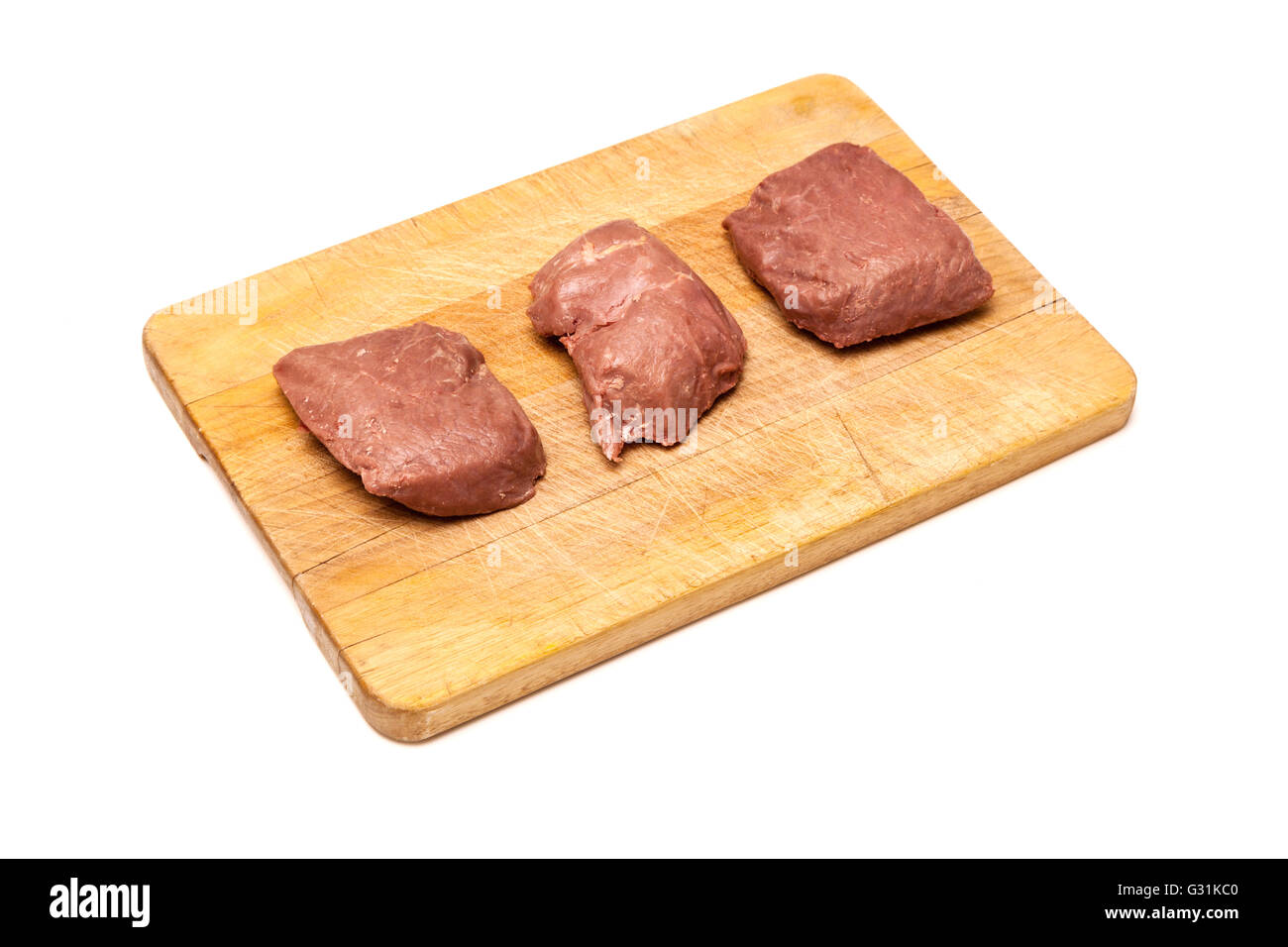 Gekochten Strauß (Struthio Camelus) Fleisch Steaks isoliert auf einem weißen Studio-Hintergrund. Stockfoto