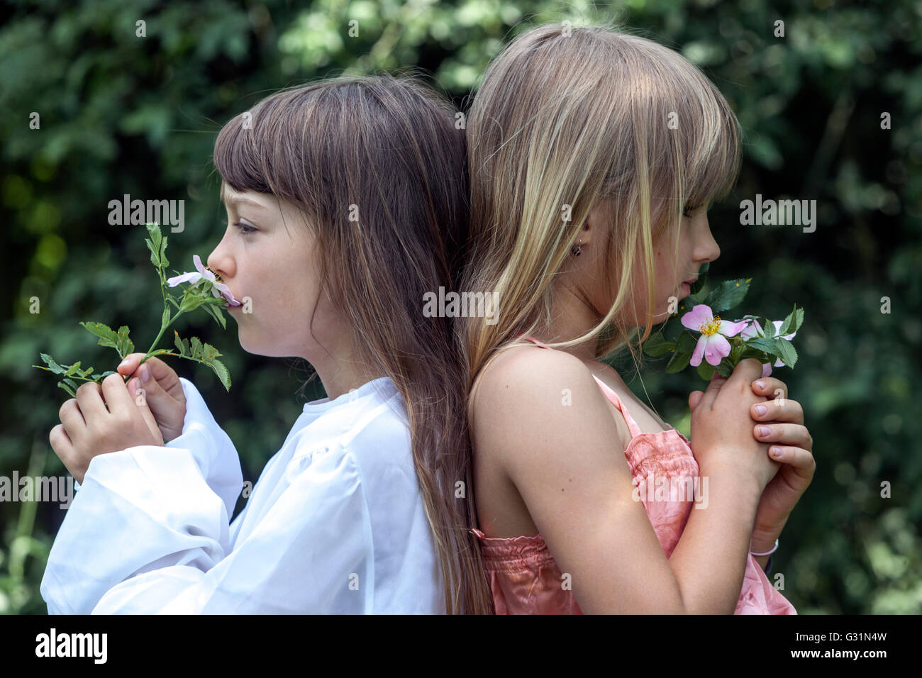 The Age of Innocence, 6- und 7-jähriges Mädchen in weißen Kleidern, Mädchenspiele Bride Little Girls Summer Two Girls Stockfoto