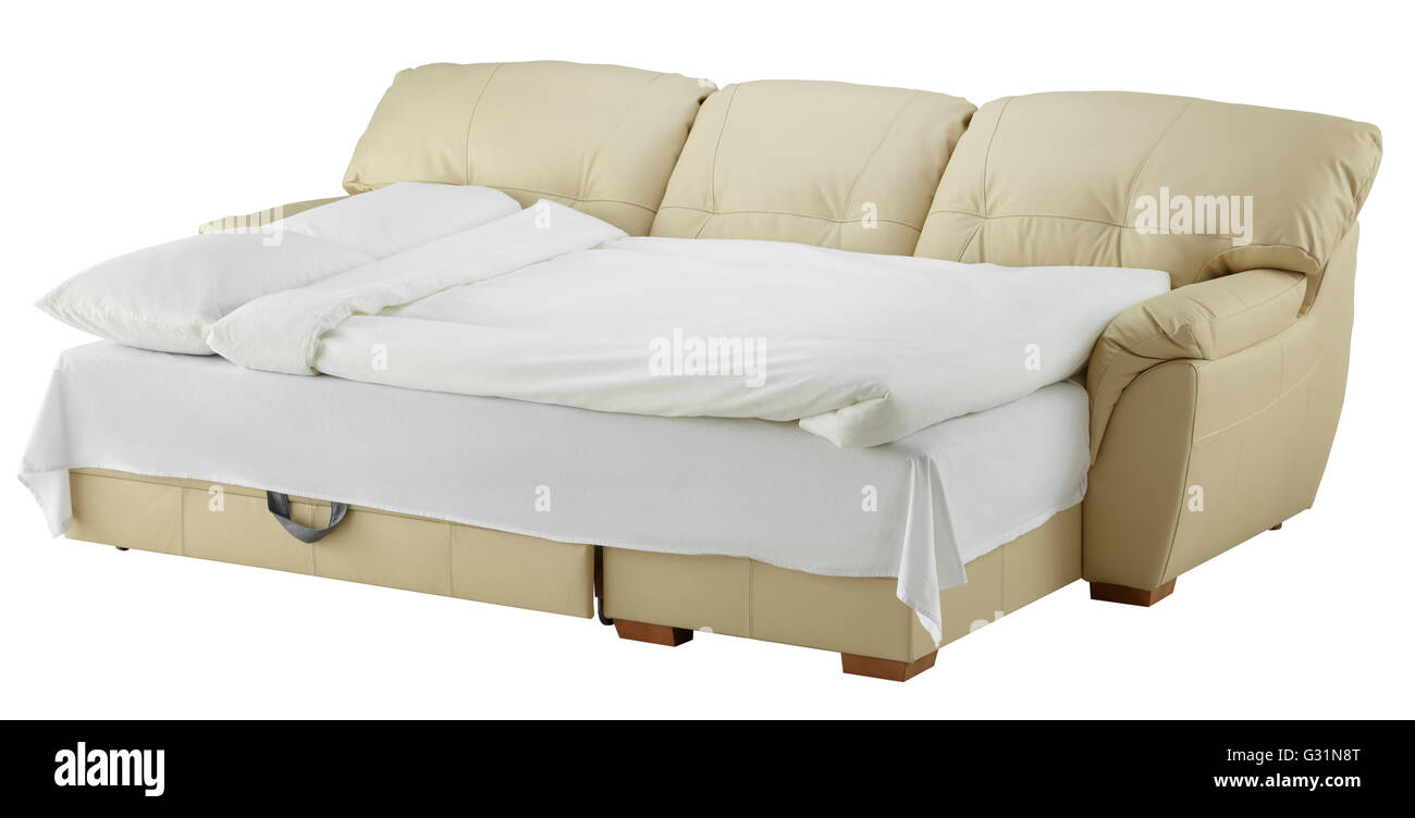 Weißes Leder-Sofa-Bett isoliert auf weiss gehören Beschneidungspfad Stockfoto
