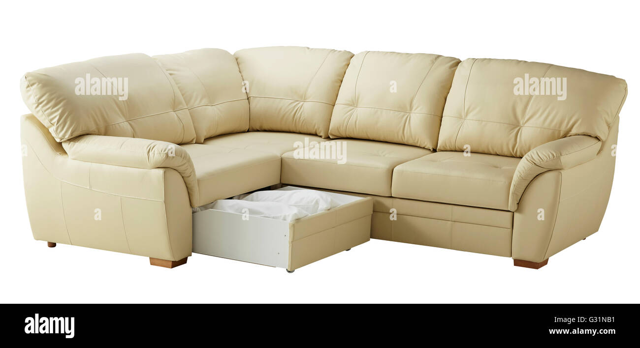 Weißes Leder-Sofa-Bett mit Speicher isoliert auf weiss gehören Beschneidungspfad Stockfoto
