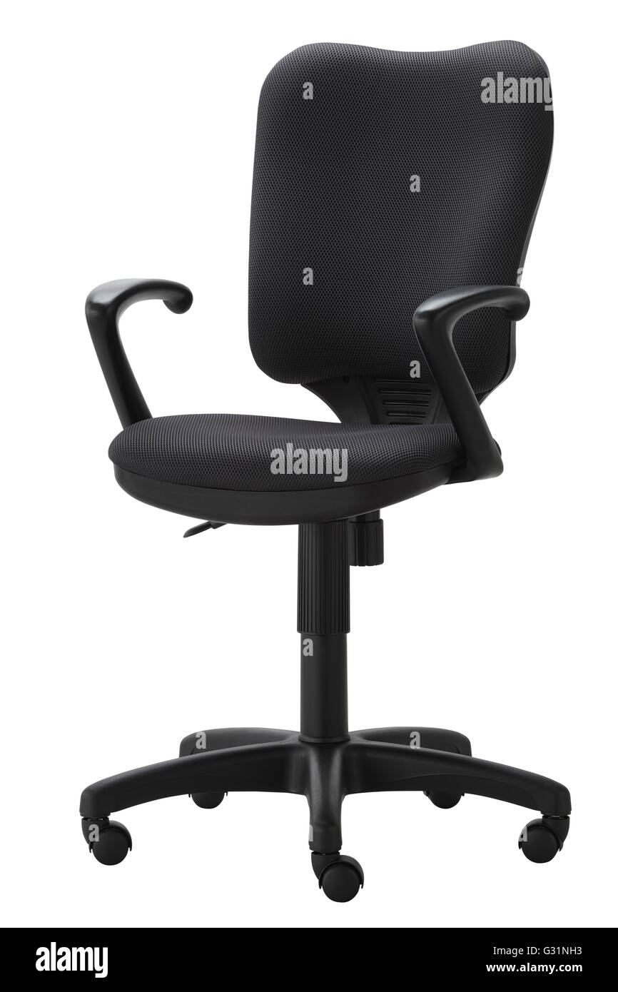 Seitenansicht des schwarzen Bürodrehstuhl auf Rädern mit einem Mechanismus für die Höhenverstellung. Isoliert auf weißem Hintergrund. Inbegriffen Stockfoto