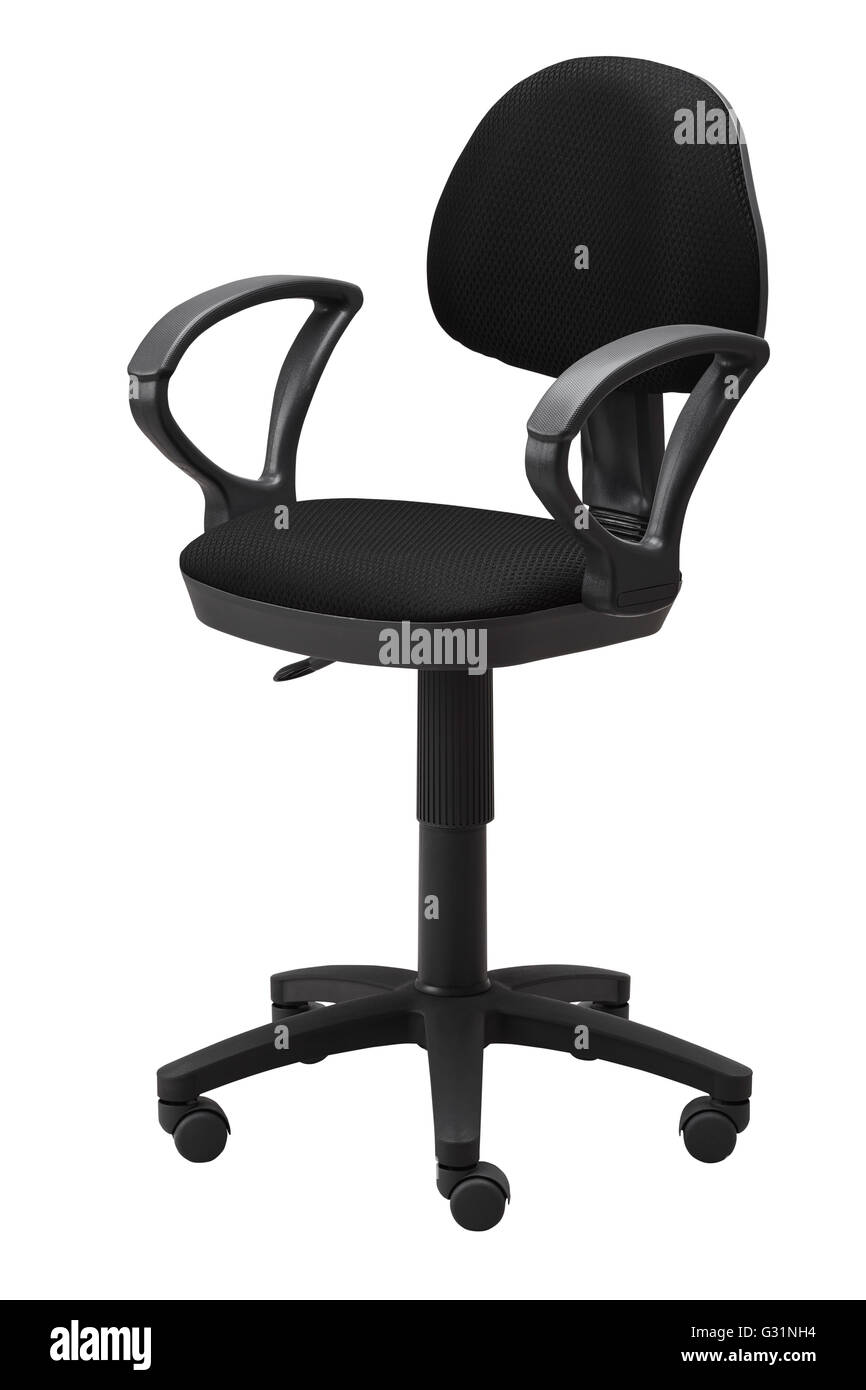 Seitenansicht des schwarzen Bürodrehstuhl auf Rädern mit einem Mechanismus für die Höhenverstellung. Isoliert auf weißem Hintergrund. Inbegriffen Stockfoto