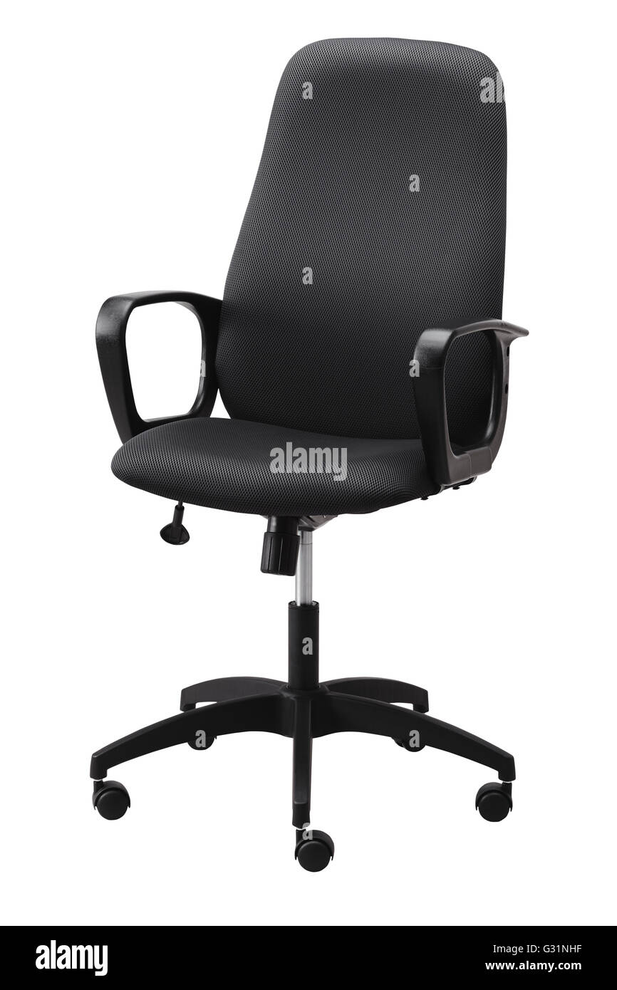 Seitenansicht des schwarzen Bürodrehstuhl auf Rädern mit einem Mechanismus für die Höhenverstellung. Isoliert auf weißem Hintergrund. Inbegriffen Stockfoto