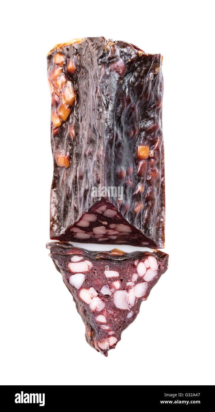 Riss Wurstscheiben isoliert auf weißem Hintergrund Stockfoto