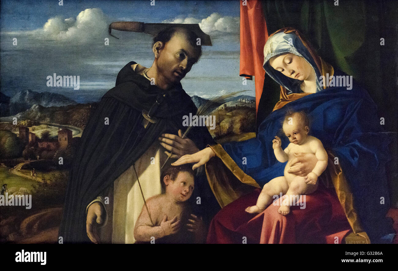 Lorenzo Lotto (ca. 1480-1556/7), Madonna mit Kind und Heiligen Peter Martyr, 1503. Stockfoto