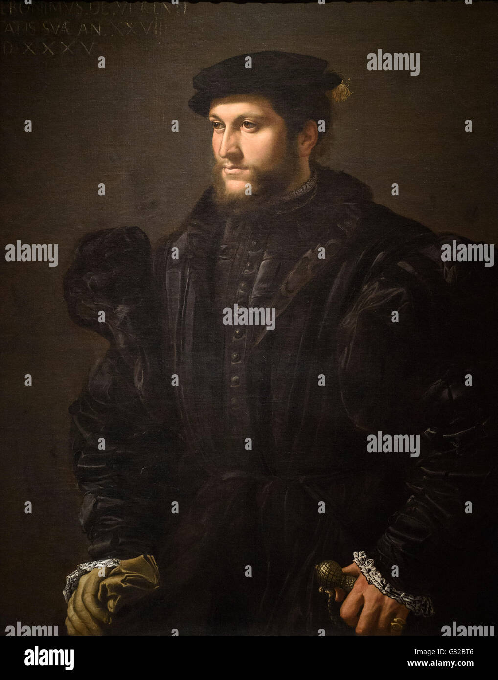 Girolamo da Carpi (1501-1556), Porträt eines Herrn in schwarz (Girolamo de Vincenti?), 1535. Stockfoto