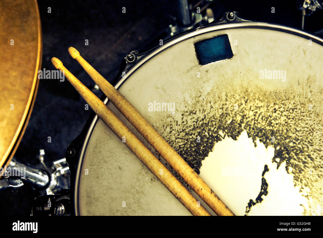 Hintergrundmusik. Drum schließen Sie herauf Bild. Snare und Drum sticks Stockfoto