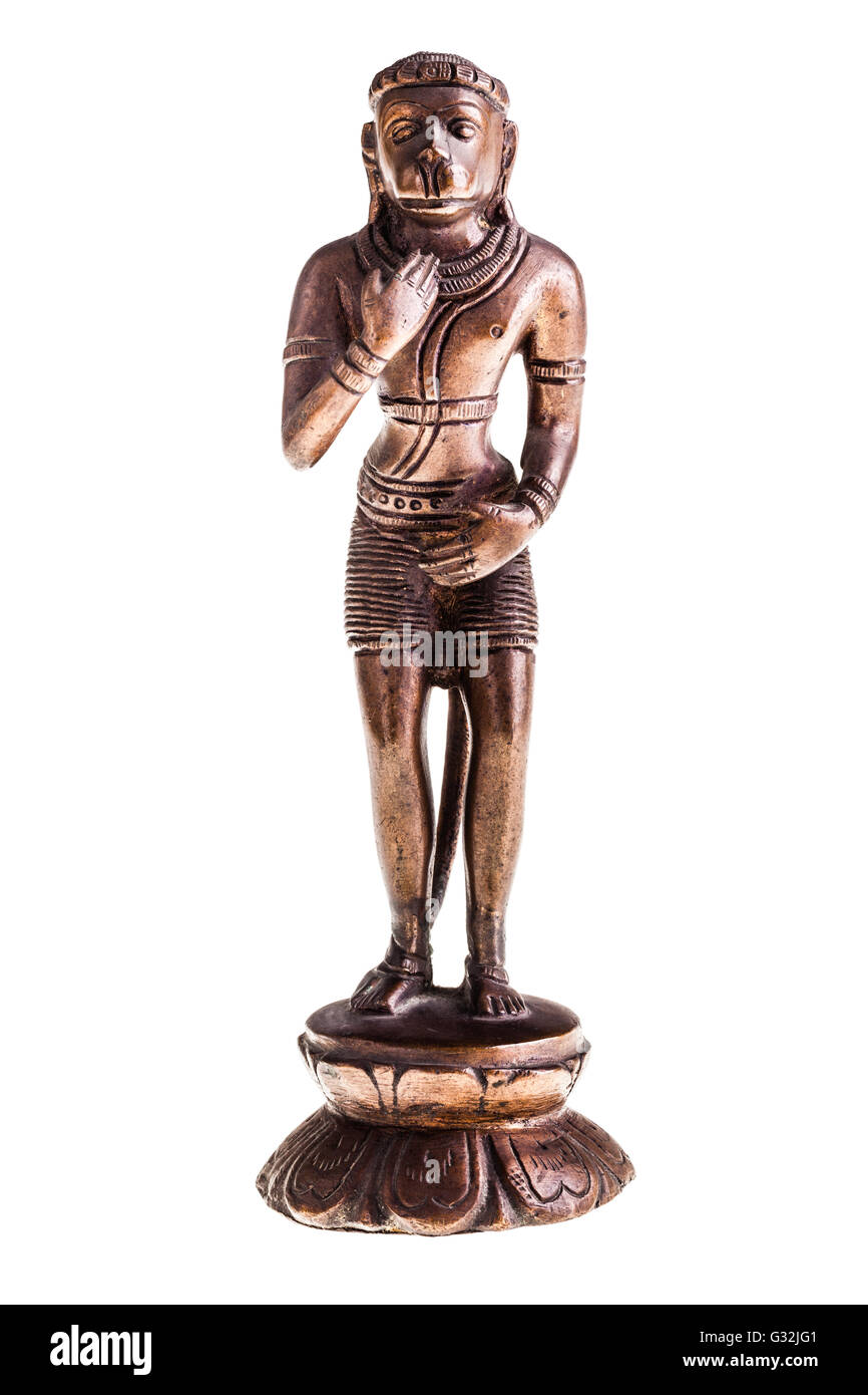 eine Bronzeskulptur von Hanuman, ein hindu-Gott, vor einem weißen Hintergrund isoliert Stockfoto