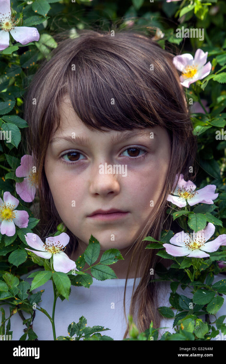 7-jähriges Mädchen im Kinderportrait in wilden Rosenblüten Stockfoto