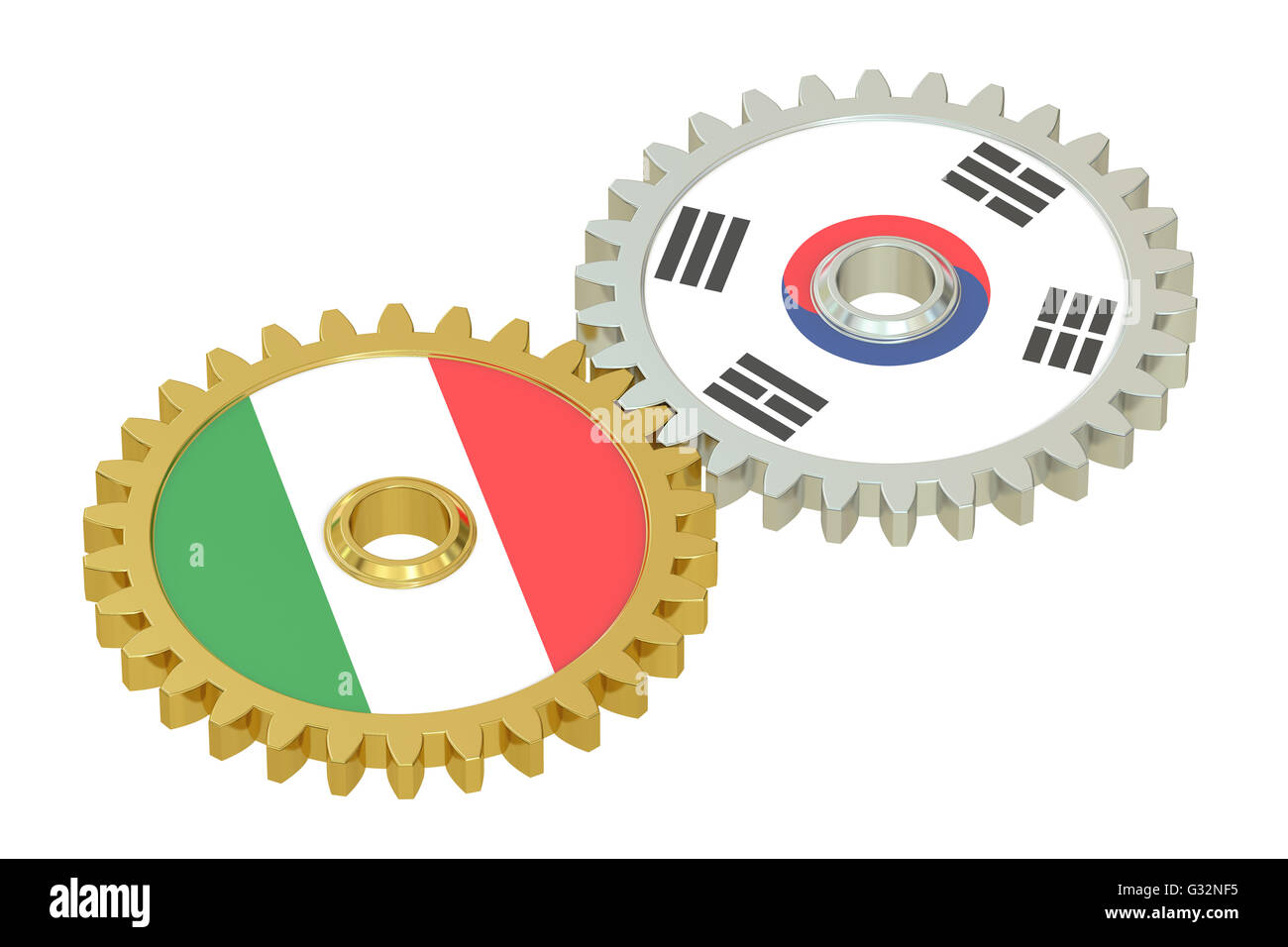 Italien und Südkorea Flaggen auf ein Getriebe, 3D-Rendering isolierten auf weißen Hintergrund Stockfoto