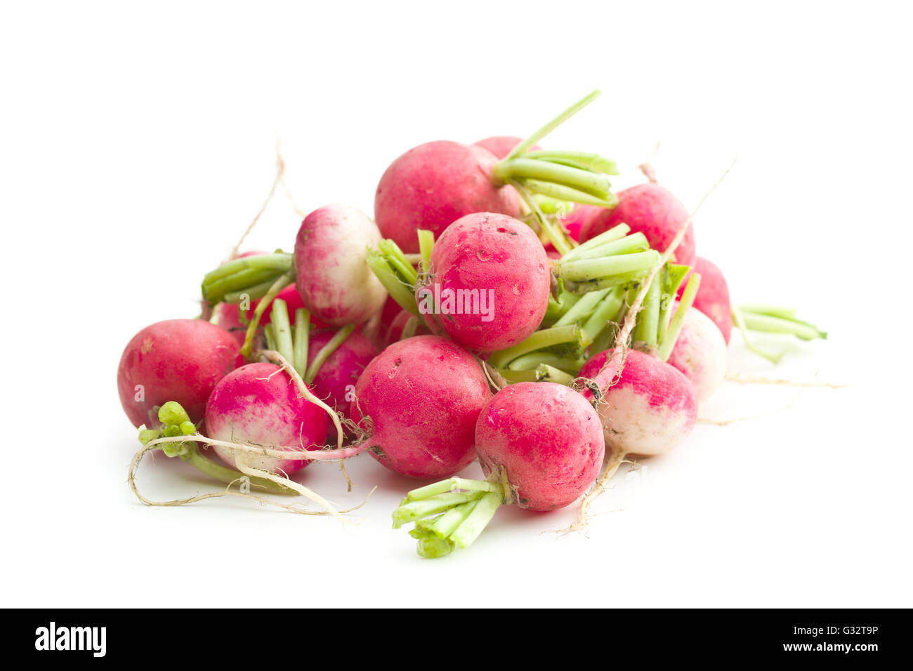 Frische Radieschen isoliert auf weißem Hintergrund. Gesundes Gemüse. Roten Radieschen. Stockfoto