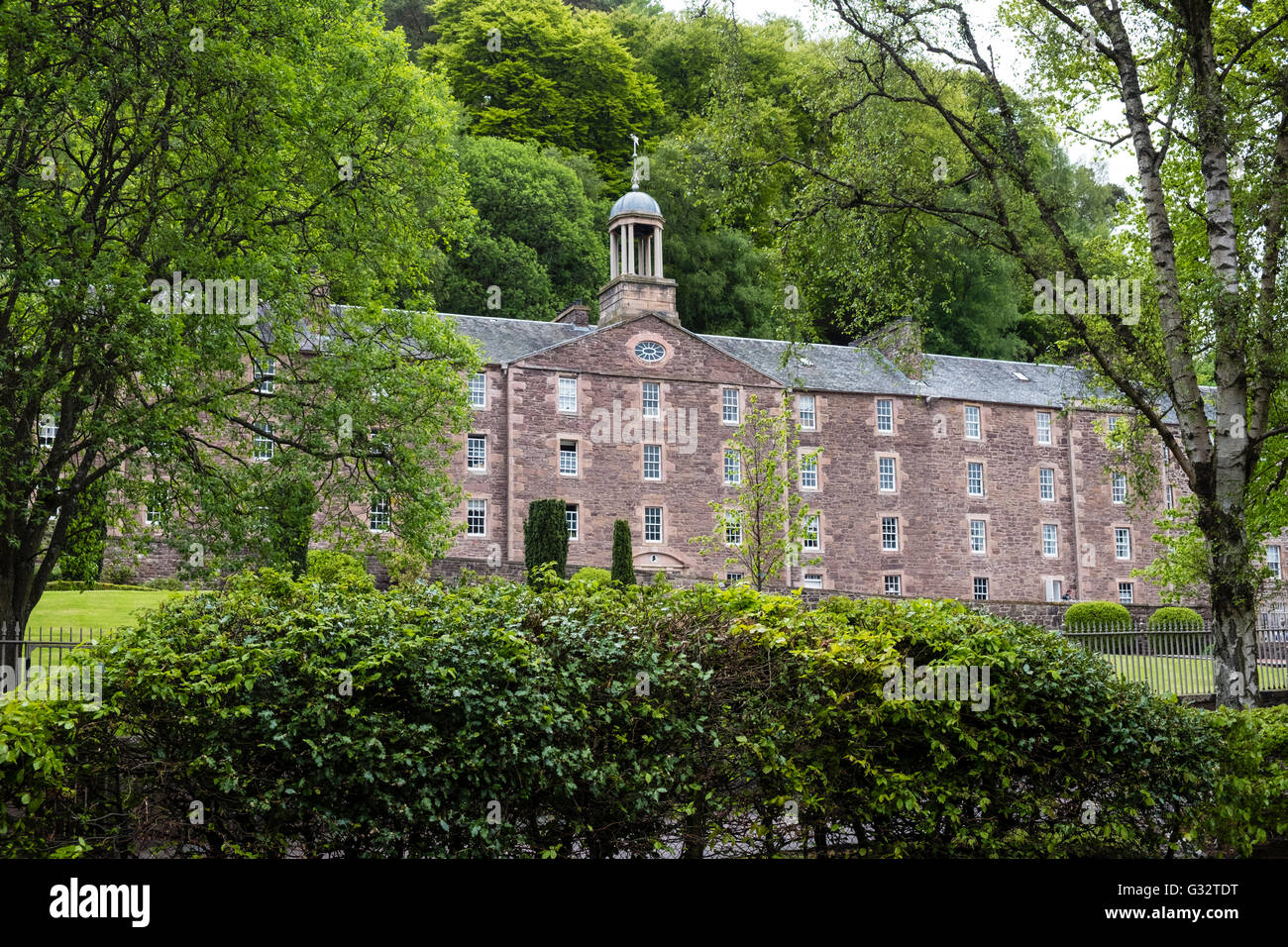 Blick auf historische New Lanark UNESCO-Weltkulturerbe in Lanarkshire, Schottland, Vereinigtes Königreich Stockfoto