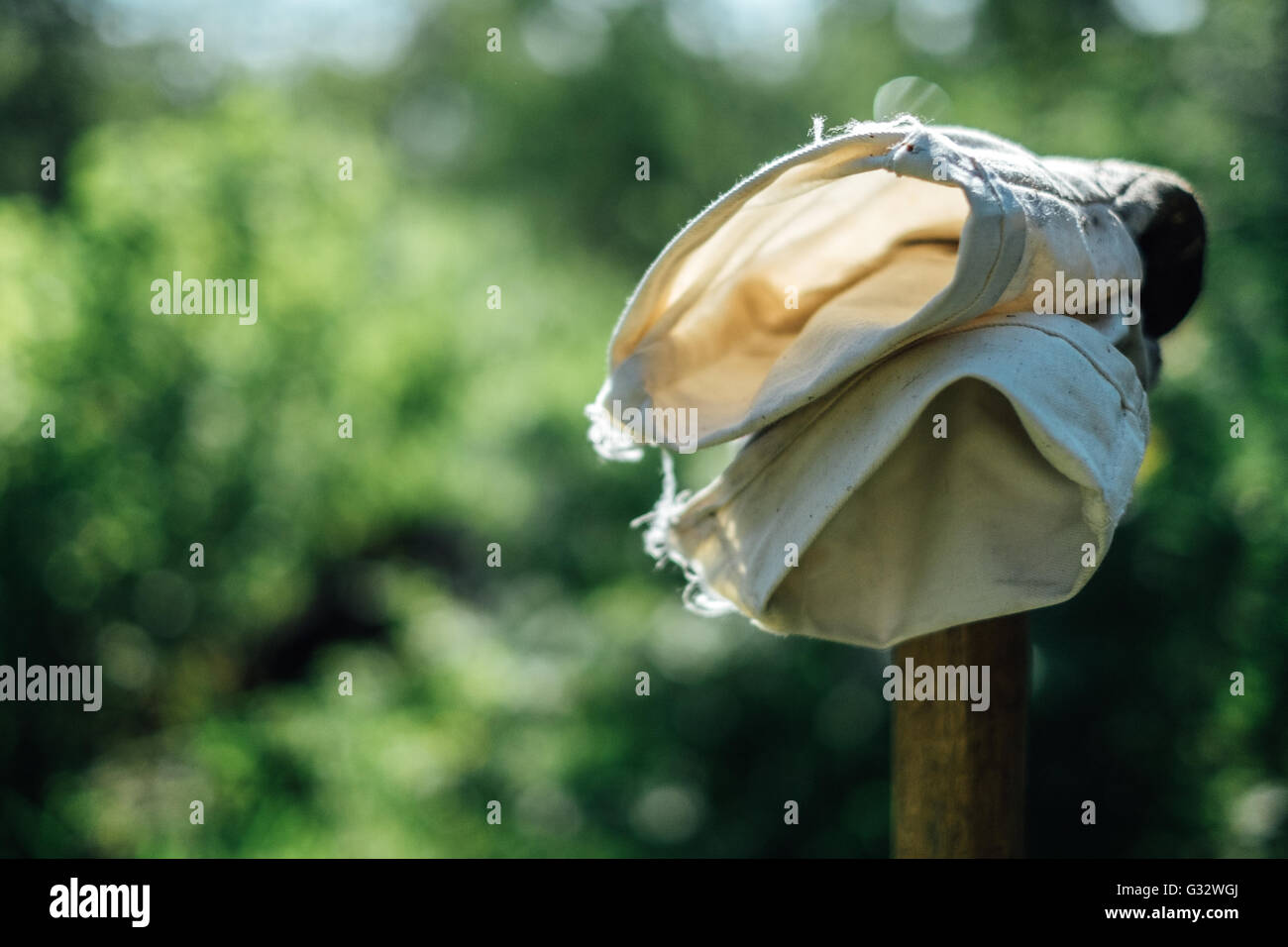Nahaufnahme von Gartenhandschuhe auf hölzernen Pfosten Stockfoto