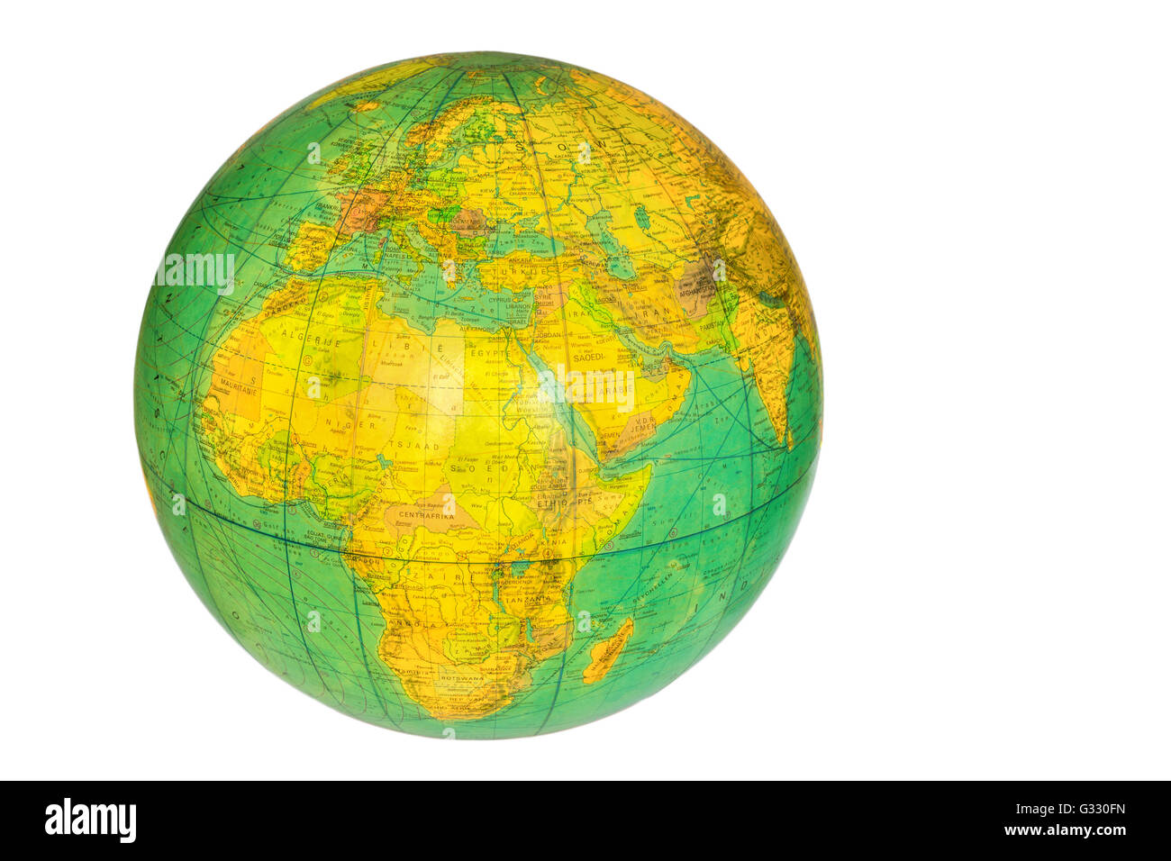 Globus mit Planetenerde isoliert auf weißem Hintergrund Stockfoto