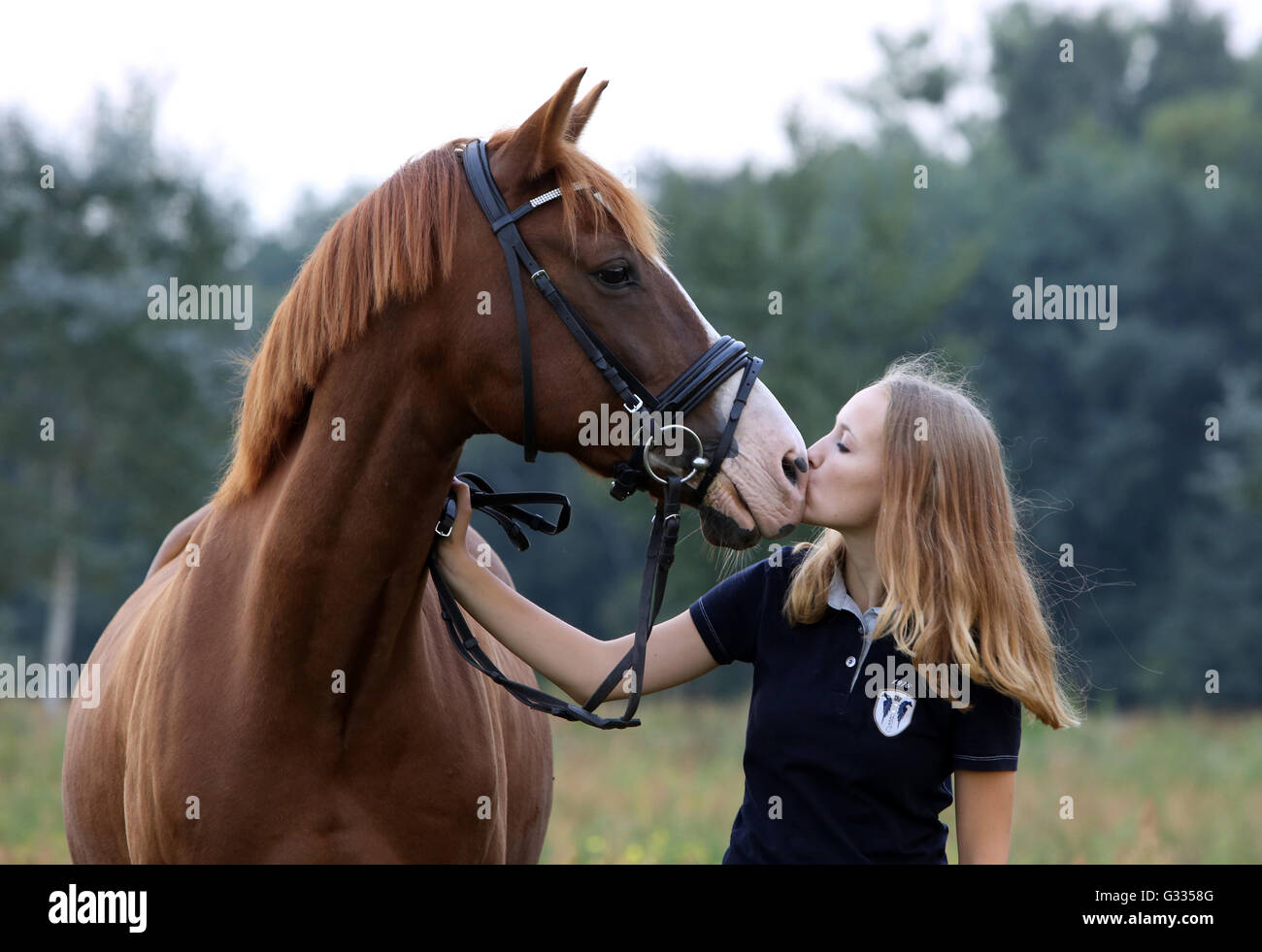 Brieselang, Deutschland, küsst Mädchen ihr Pferd auf die Nasenlöcher Stockfoto