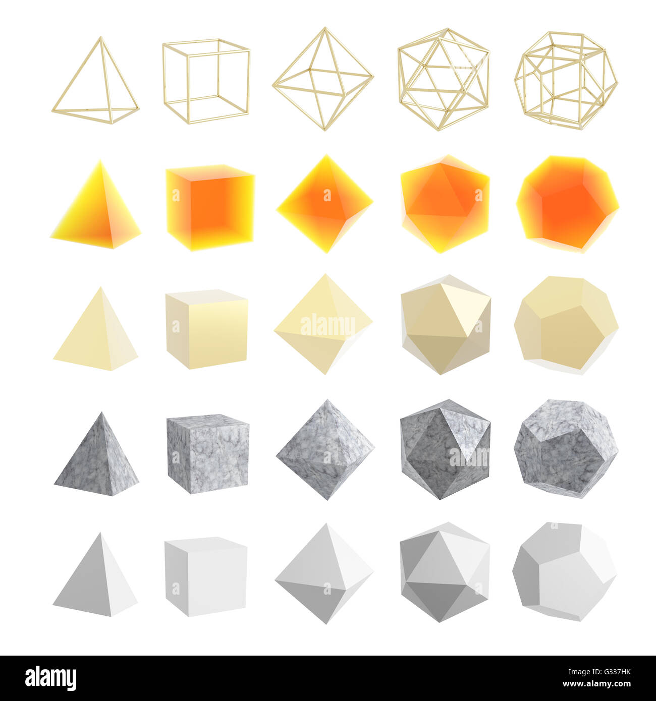 Satz von geometrischen Formen, die platonischen Körper. Isoliert auf weißem Hintergrund. 3D illustration Stockfoto