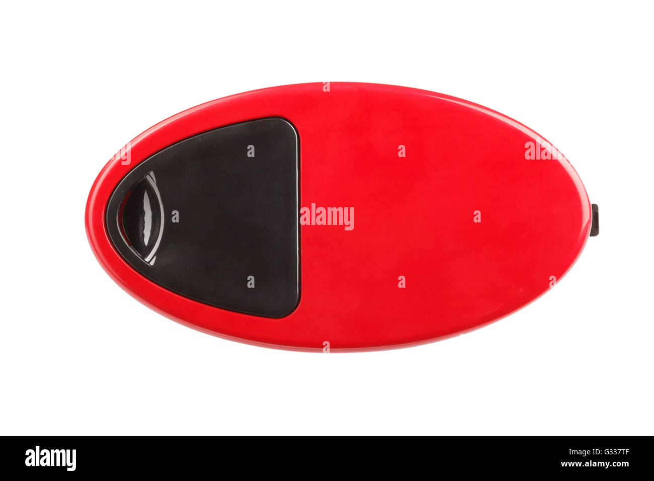 Soda-Sifon oder Selters Flasche. Roten und schwarzen Kunststoff.  Ansicht von oben. Isoliert auf weißem Hintergrund. Stockfoto