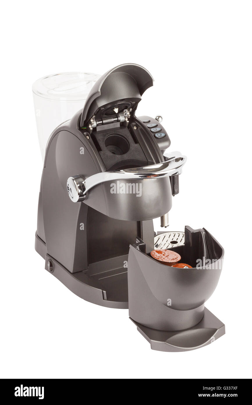 Kapsel Espresso Kaffeemaschine oder Kaffeemaschine. Seitenansicht. Isoliert auf weißem Hintergrund. Stockfoto Kapsel Espresso Kaffeemaschine oder Kaffeemaschine. Seitenansicht. Isoliert auf weißem Hintergrund. Stockfoto