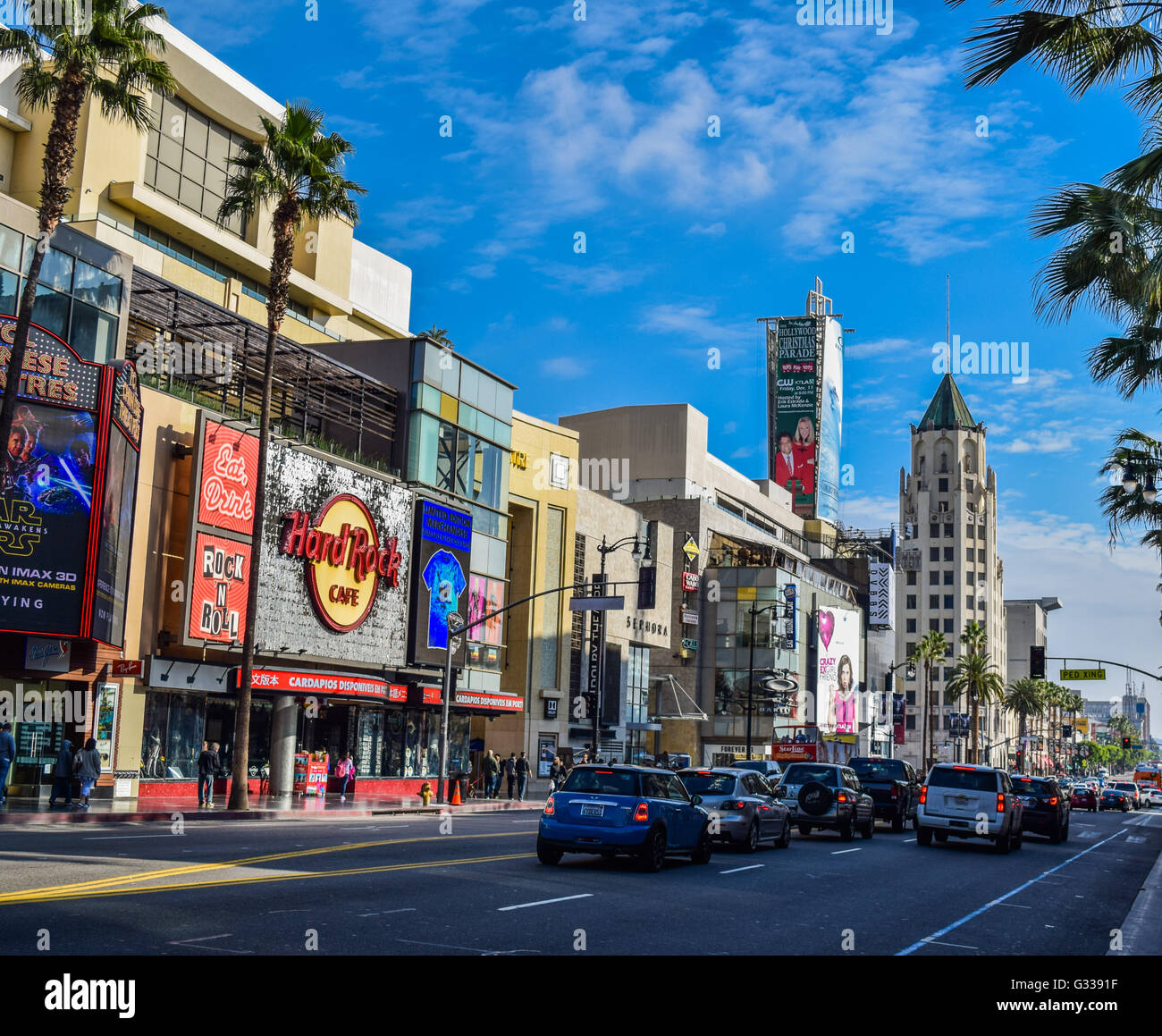 Ansicht des Hollywood Boulevard, bei Sonnenuntergang, Werbung, Angeles, Avenue, Hintergrund, Billboard, Boulevard, Boulevard, Café, Motor Stockfoto