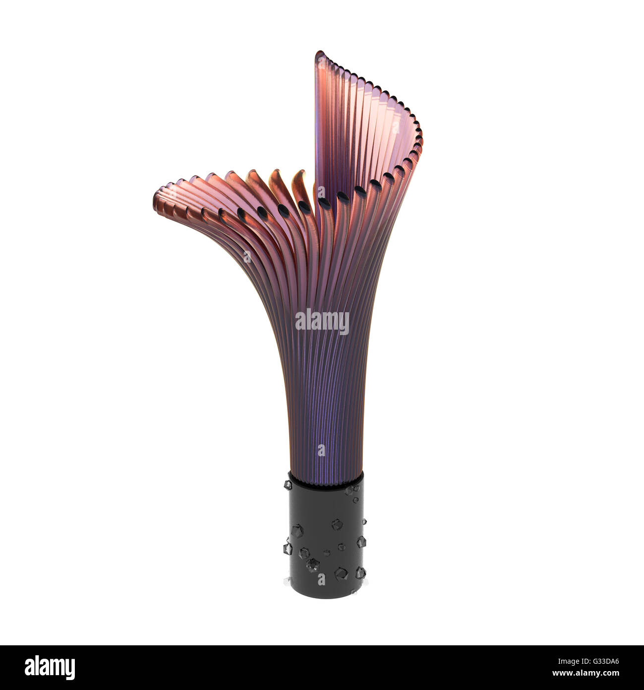 Leere rote Glasvase in Form von Lily Keim isoliert auf weißem Hintergrund mit Kristallen. Stockfoto