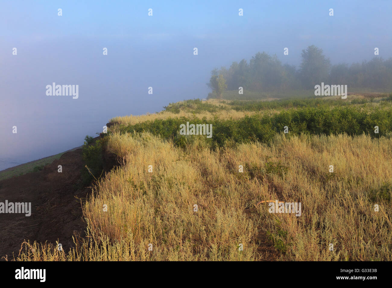 Geheimnisvolle Wolga am Flussufer im Nebel. Misty Dawn am frühen Morgen Natur Wiese Landschaft Blick auf russischen Lande. Stockfoto