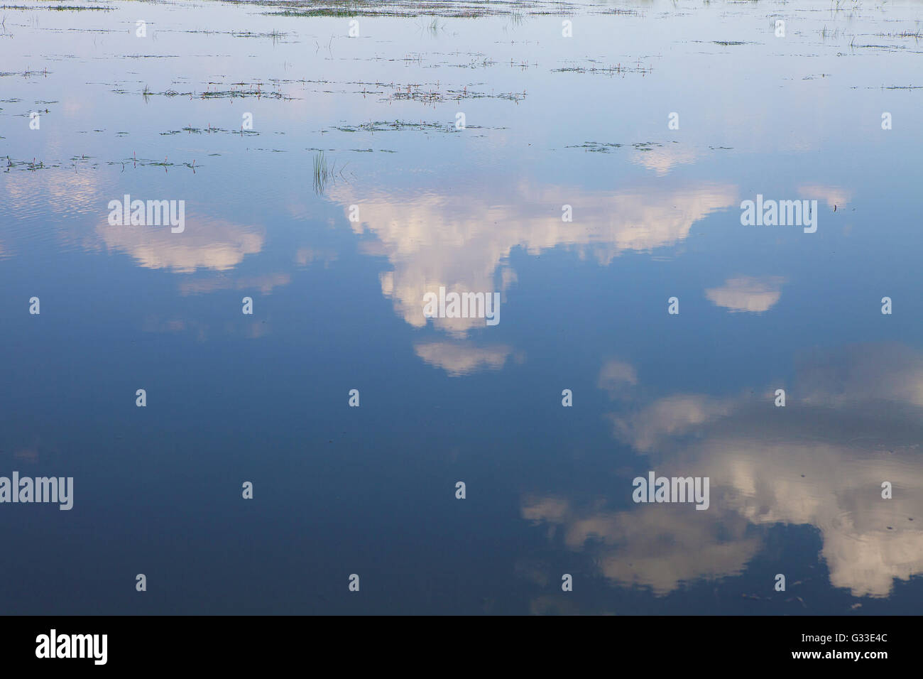 Blauen Sommerhimmel und Reflexion der Wolken in der Oberfläche der Wolga. Natur Landschaft Blick auf russischen Lande. Stockfoto