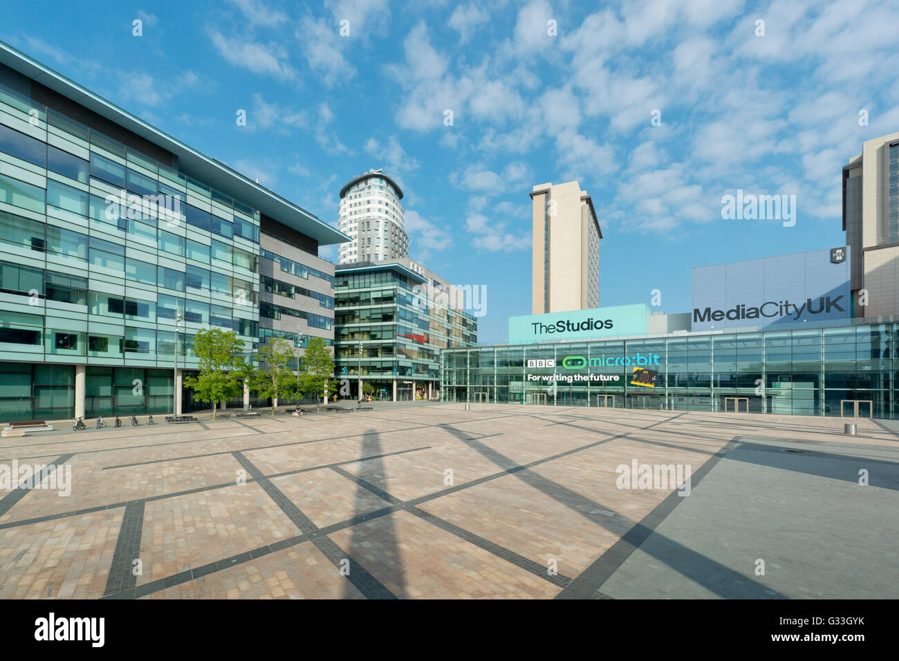 MediaCityUK, deren Mieter auflisten, die BBC, ITV, Granada, befindet sich in Greater Manchester Salford Quays. Stockfoto
