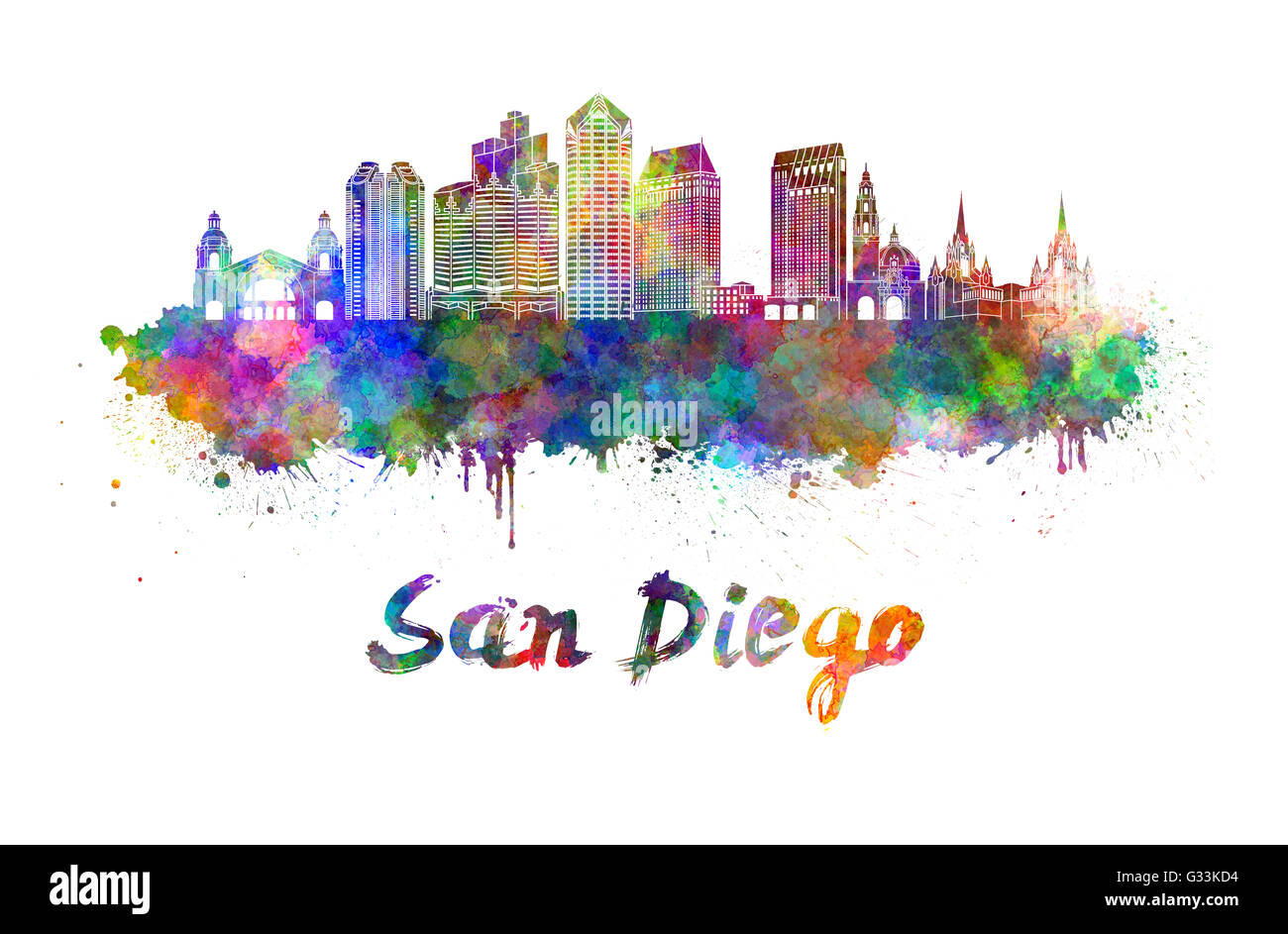 Skyline von San Diego in Aquarell Stockfoto