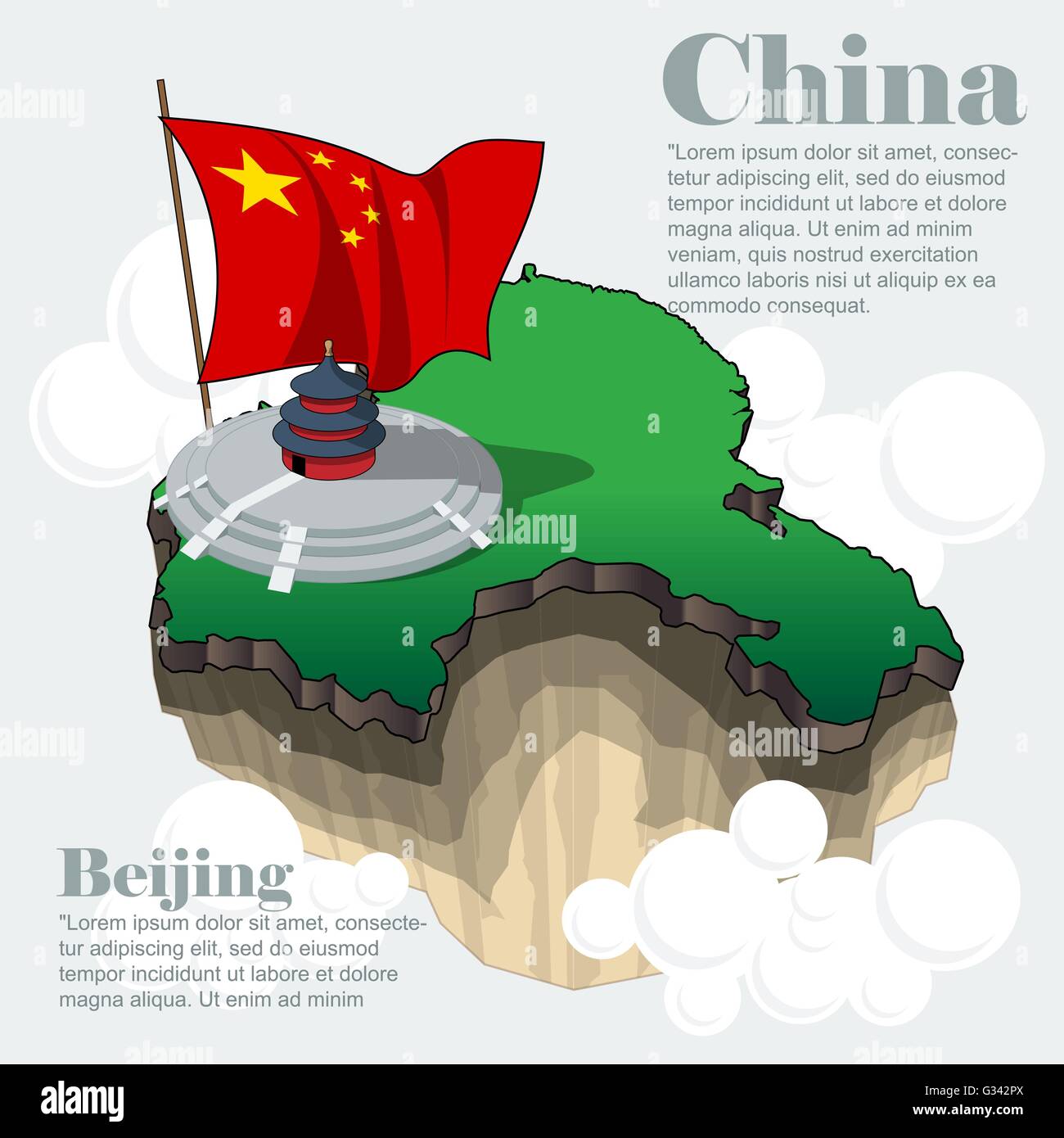 China Land Infografik Karte in 3d mit Form des Landes fliegen in den Himmel mit Wolken, die große Fahne und traditionelles Haus. Ziffer Stock Vektor