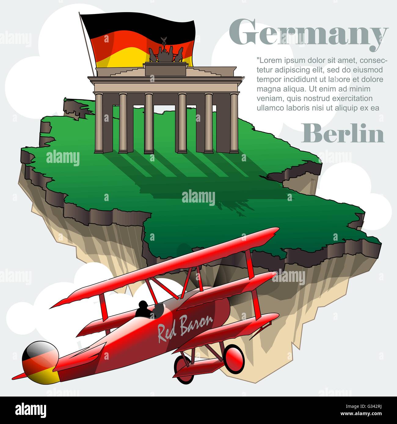 Deutschland Länderkarte Infografik in 3d mit Form des Landes fliegen in den Himmel mit Wolken, große Fahne, Brandenburger Tor und einem fliegenden Stock Vektor