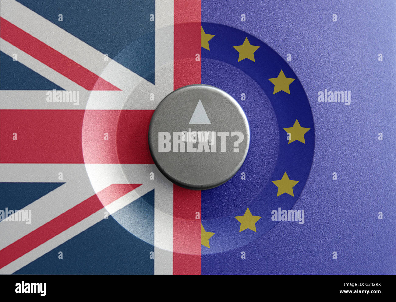 Brexit Zifferblatt Zeiger zwischen britischen und europäischen Flaggen Stockfoto