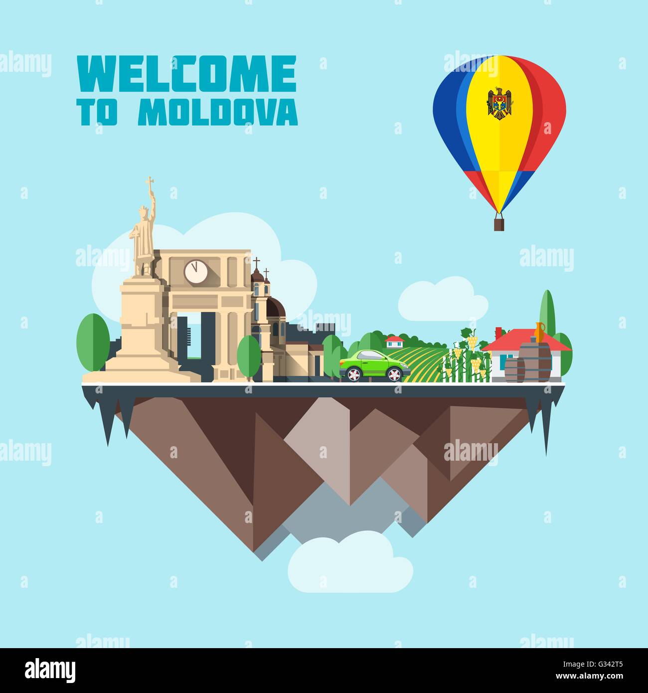 Republik Moldau Infografik Landkarte in 3d mit Form des Landes fliegen in den Himmel mit Wolken, große Fahne in einem farbigen Ballon mit landm Stock Vektor