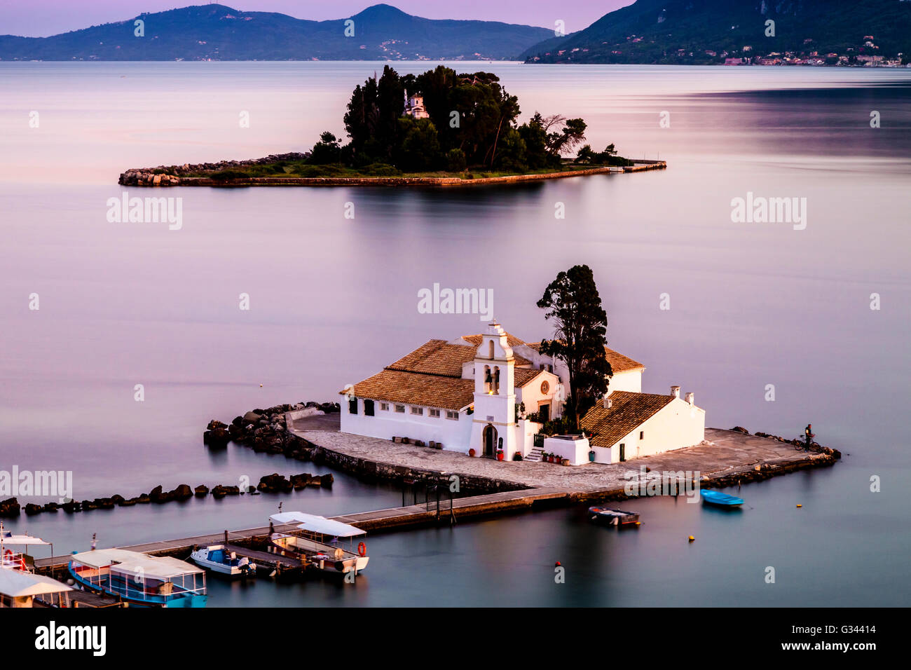 Vlacherna Kloster und Maus Insel, Kanoni, Korfu, Griechenland Stockfoto