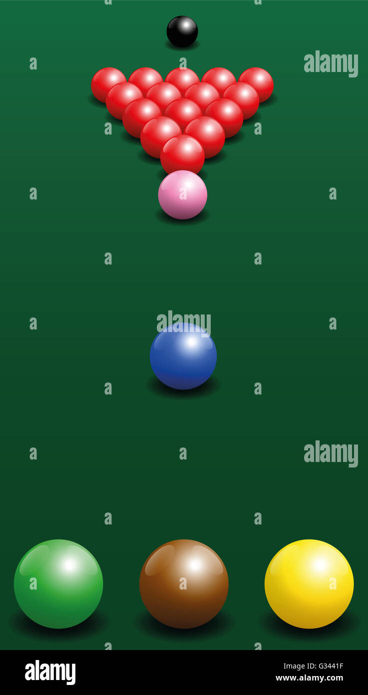 Snooker-Ausgangsposition der zweiundzwanzig Kugeln. Abbildung auf grünem Farbverlauf Hintergrund. Stockfoto