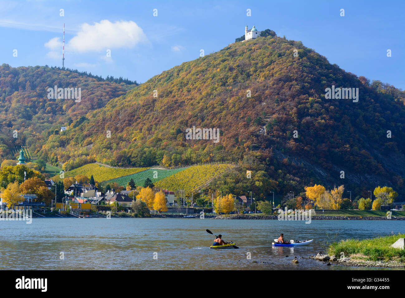Donau, Kahlenberg mit Sender, Leopoldsberg mit St. Leopold, Kahlenbergerdorf, Kanuten, Österreich, Wien Stockfoto