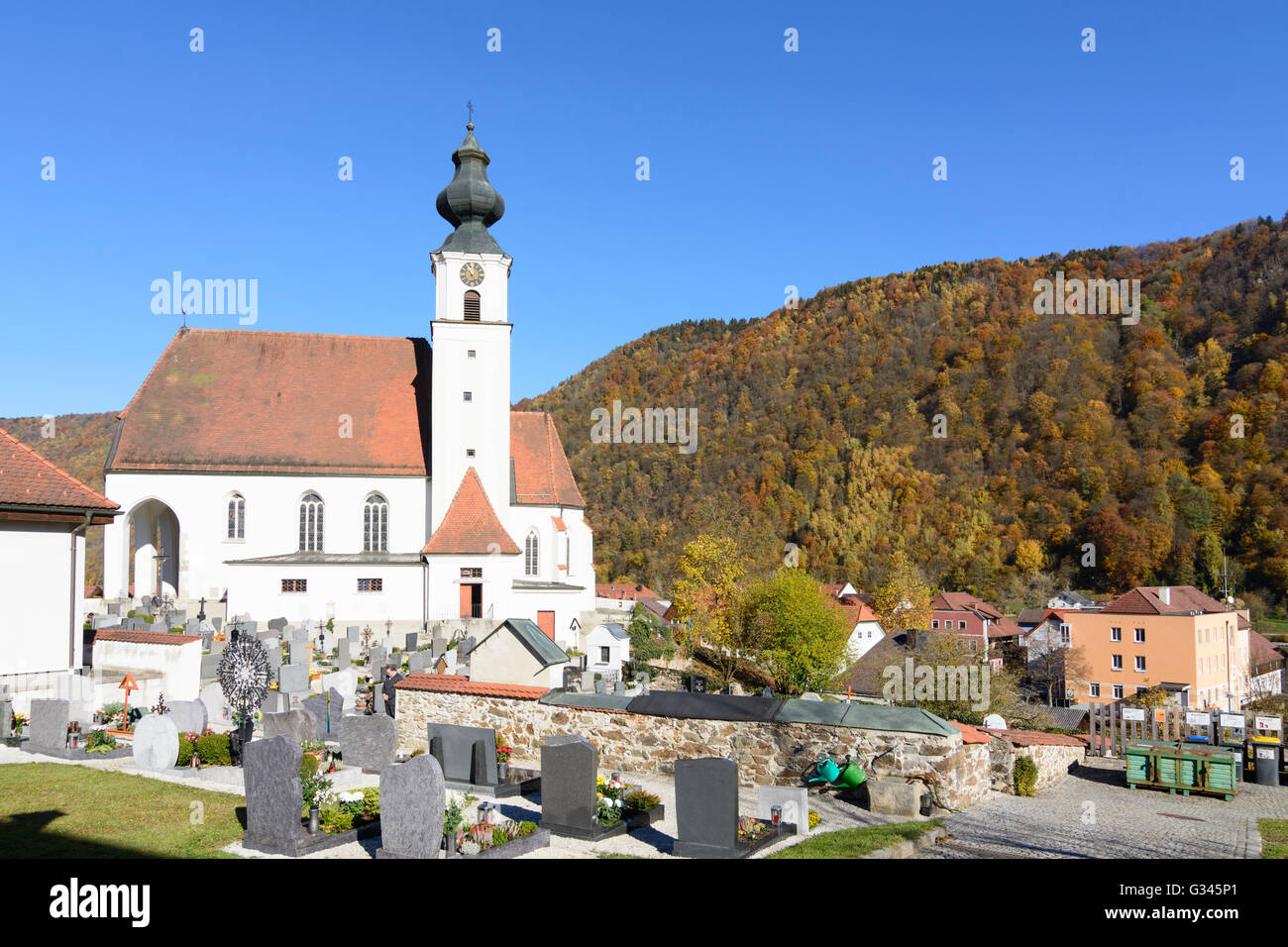 Kirche Maria Himmelfahrt, Österreich, Oberösterreich, Oberösterreich, Engelhartszell zu vermarkten Stockfoto