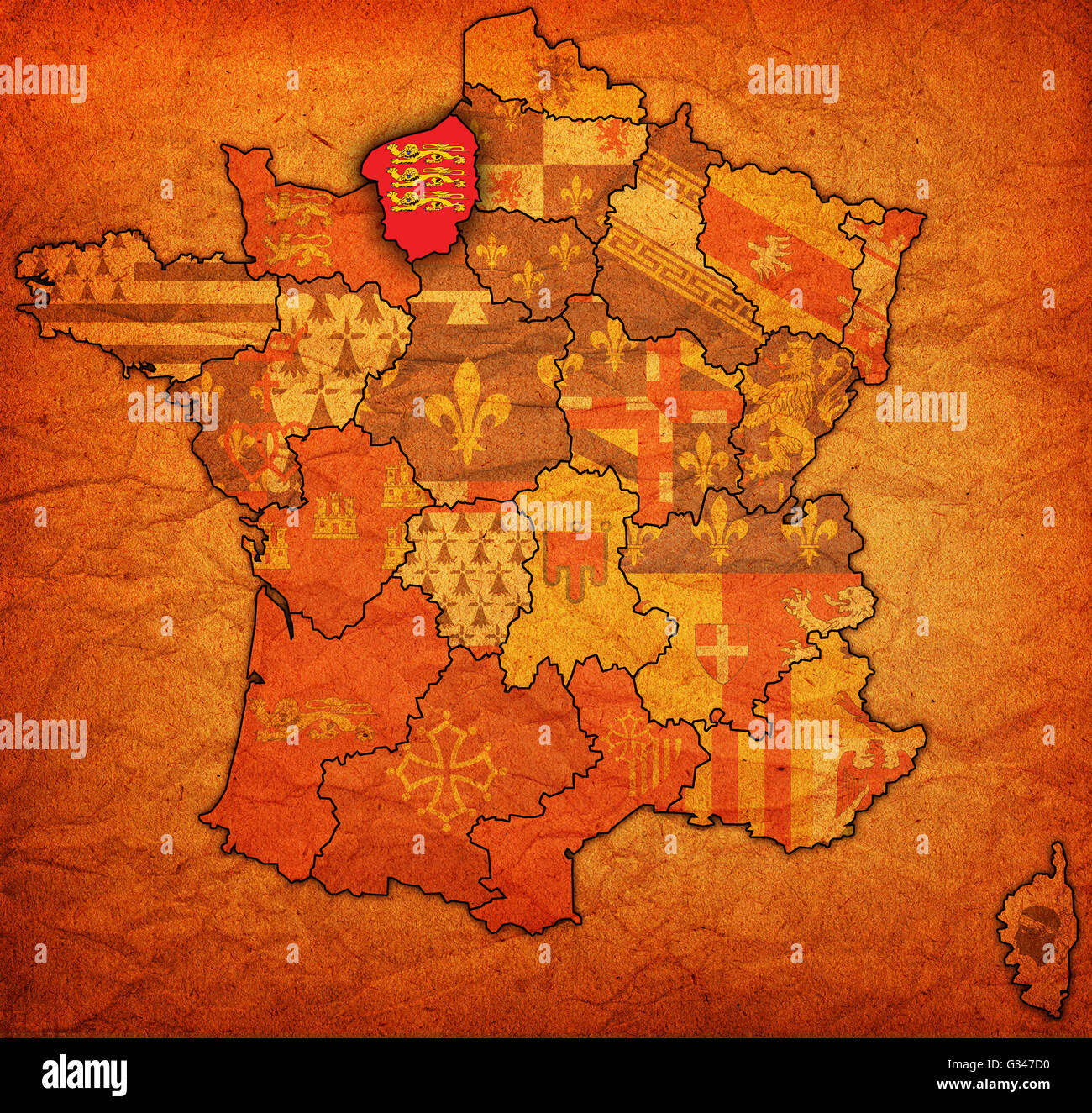 Haute-Normandie auf alte Karte von Frankreich mit Fahnen der administrative Abteilungen Stockfoto