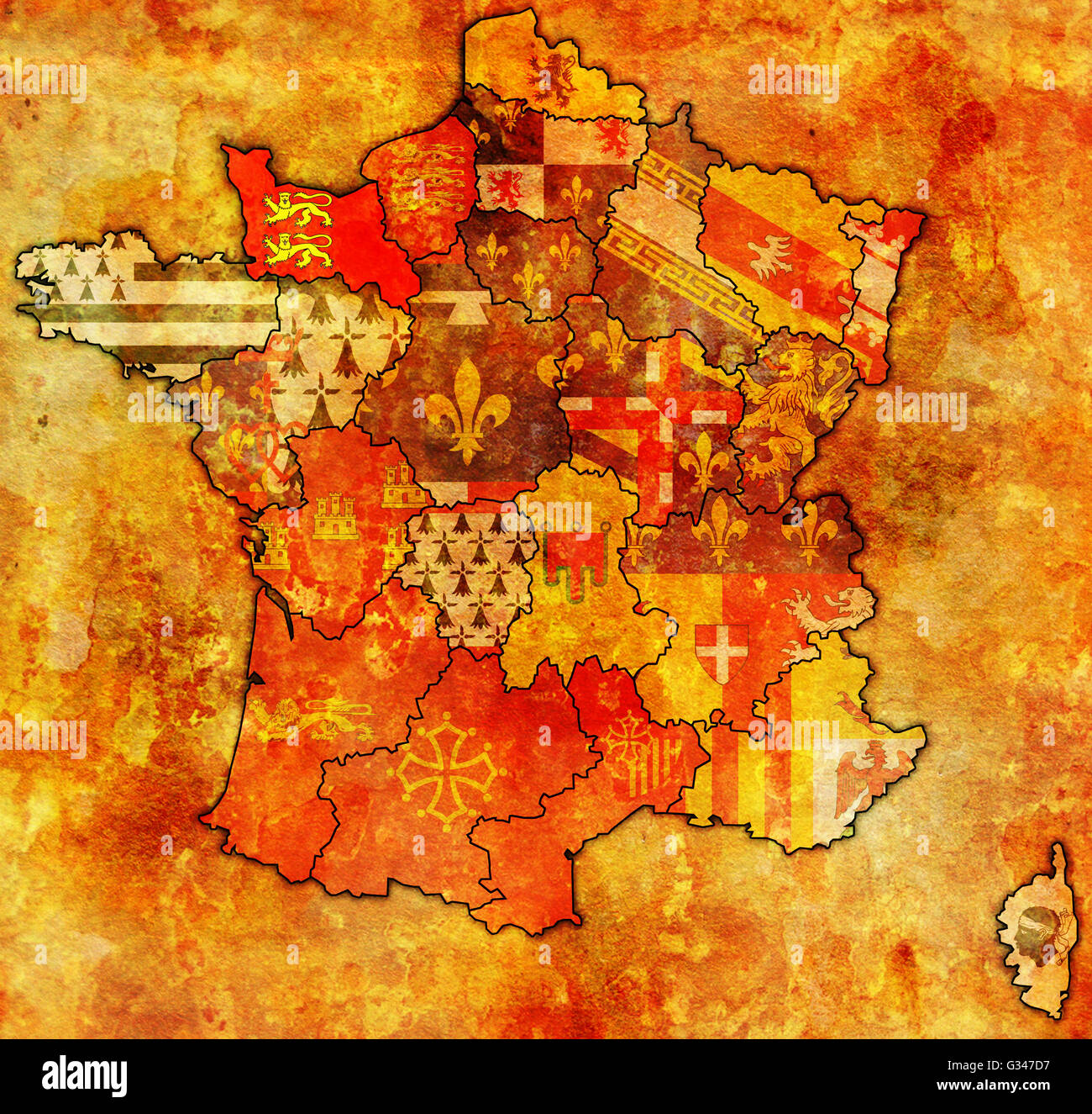 Basse-Normandie auf alte Karte von Frankreich mit Fahnen der administrative Abteilungen Stockfoto