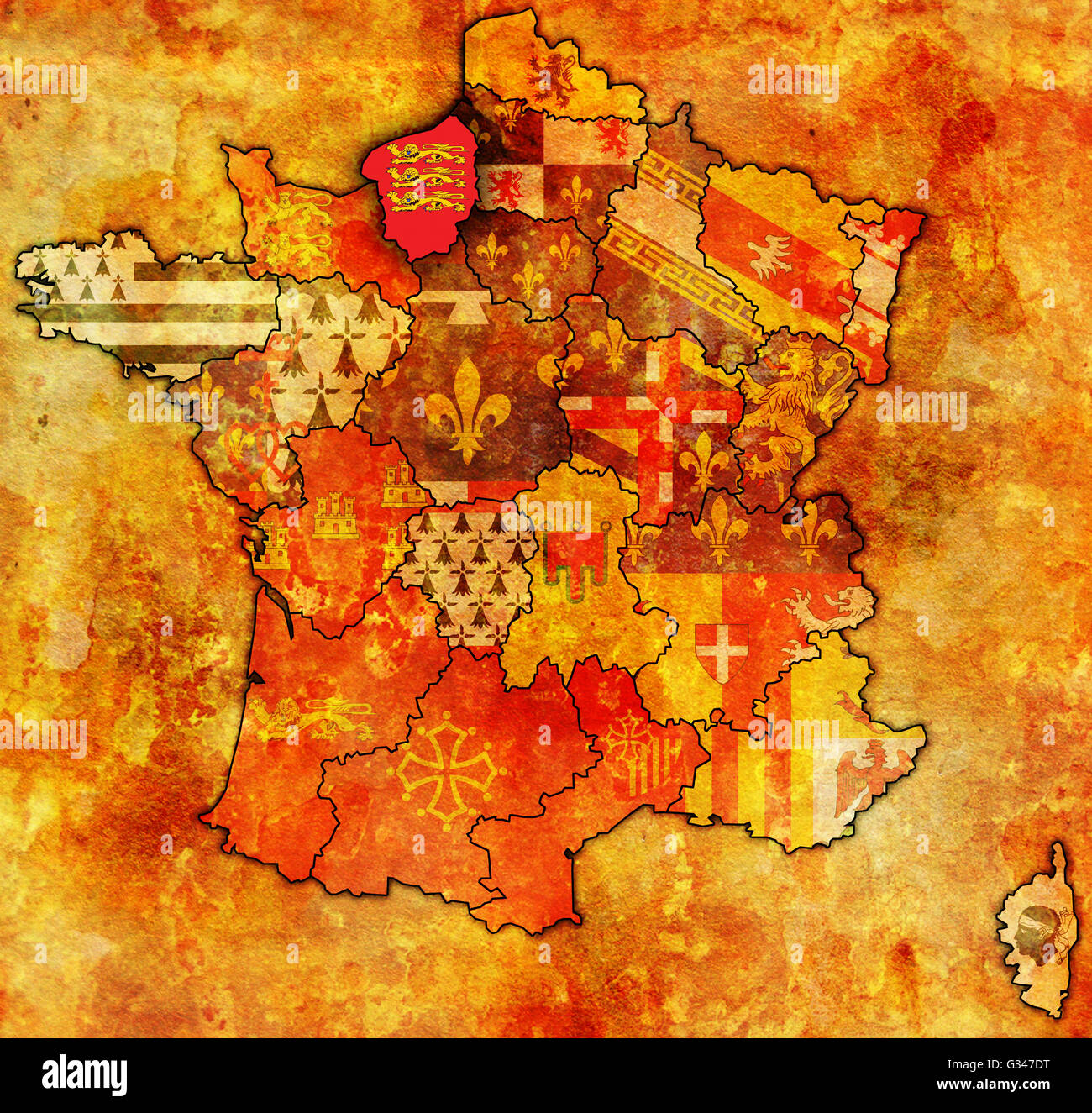 Haute-Normandie auf alte Karte von Frankreich mit Fahnen der administrative Abteilungen Stockfoto