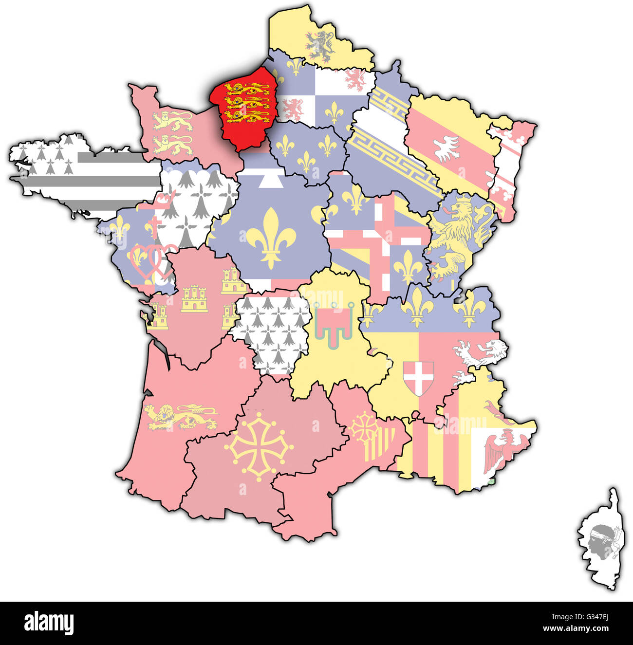Haute-Normandie auf alte Karte von Frankreich mit Fahnen der administrative Abteilungen Stockfoto