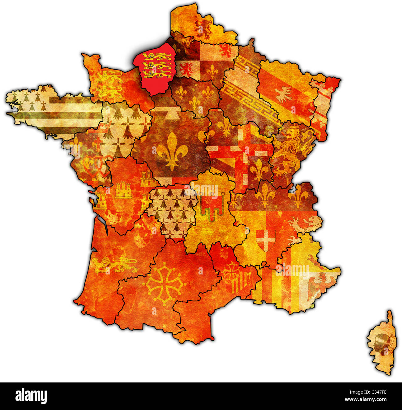 Haute-Normandie auf alte Karte von Frankreich mit Fahnen der administrative Abteilungen Stockfoto