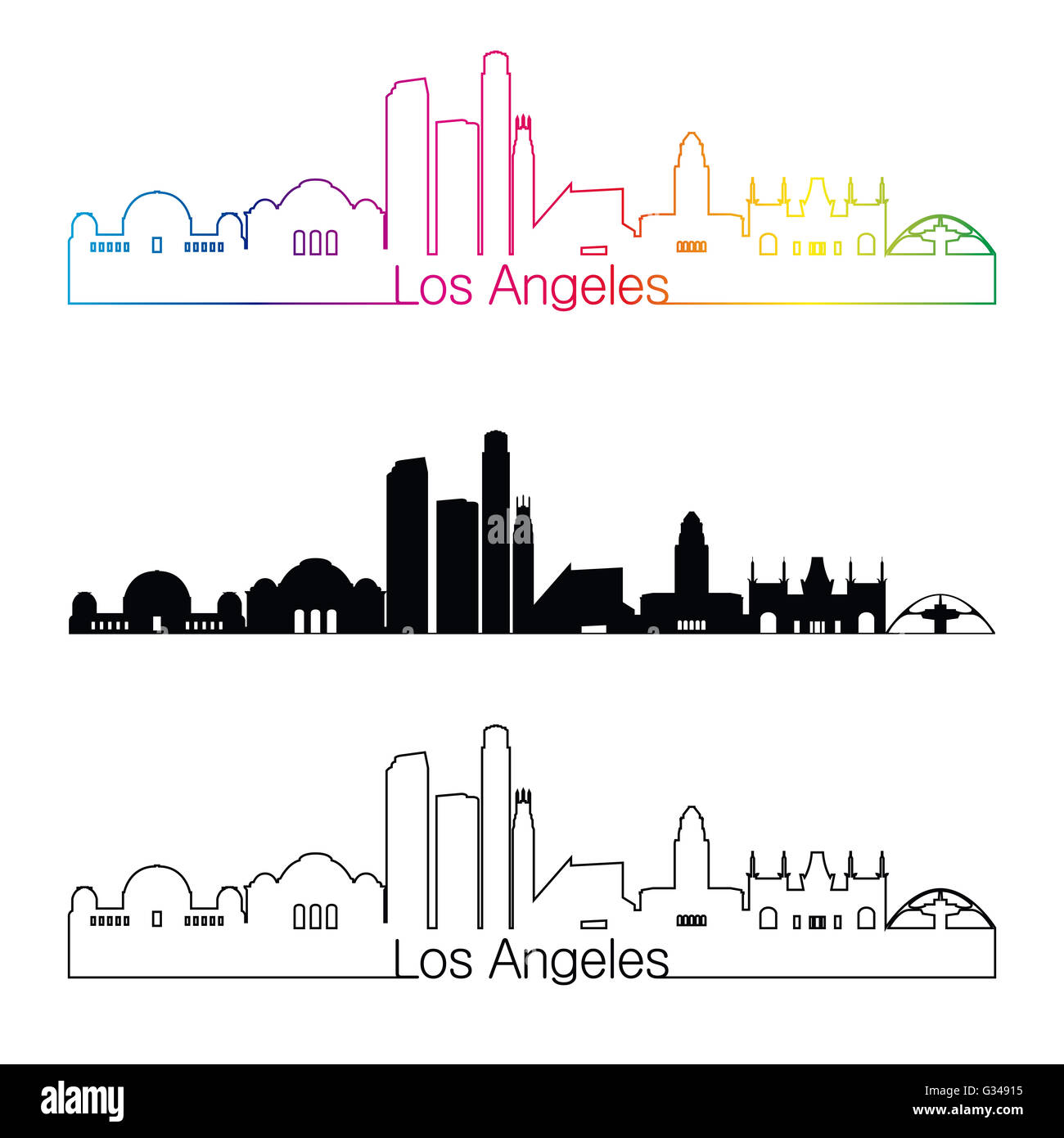Los Angeles Skyline linearen Stil mit Regenbogen in bearbeitbare Vektordatei Stockfoto