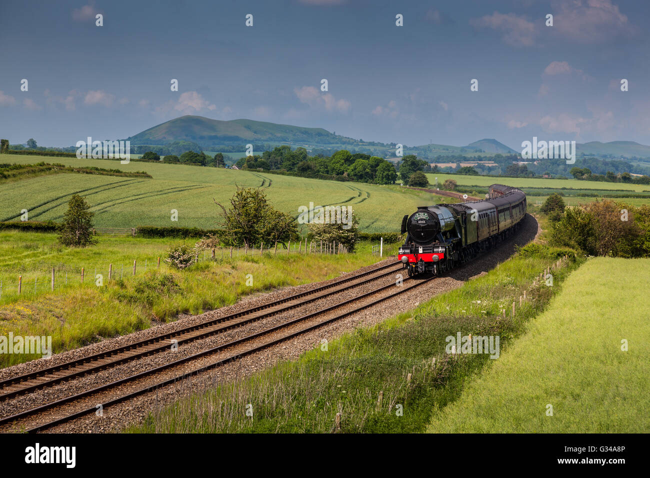 Flying Scotsman auf der Marken-Linie (Cardiff, Manchester) zwischen Craven Arms und Kirche Stretton, Shropshire Stockfoto